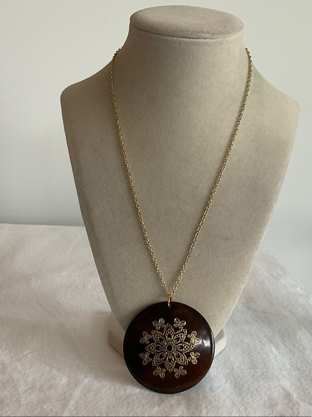 Dark Brown Wood Floral Pendant On Gold Chain